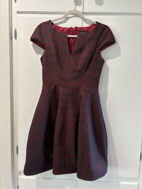 Laundry By Shelli Segal Burgundy and Black Fit-and-Flare Midi Dress 6